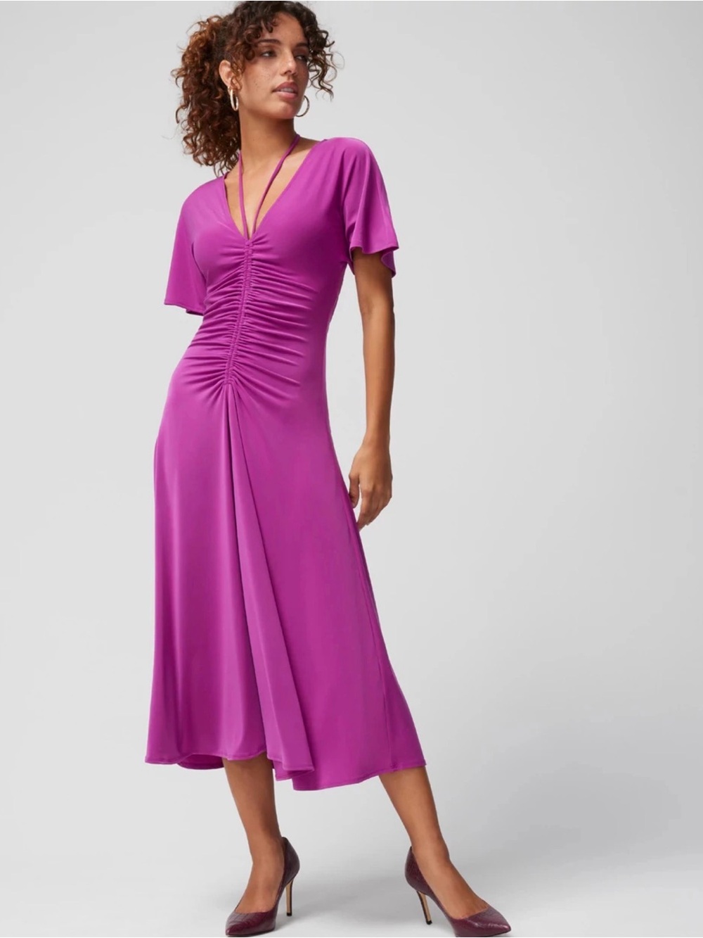 White House Black Market Magenta Ruched V-Neck Midi Dress